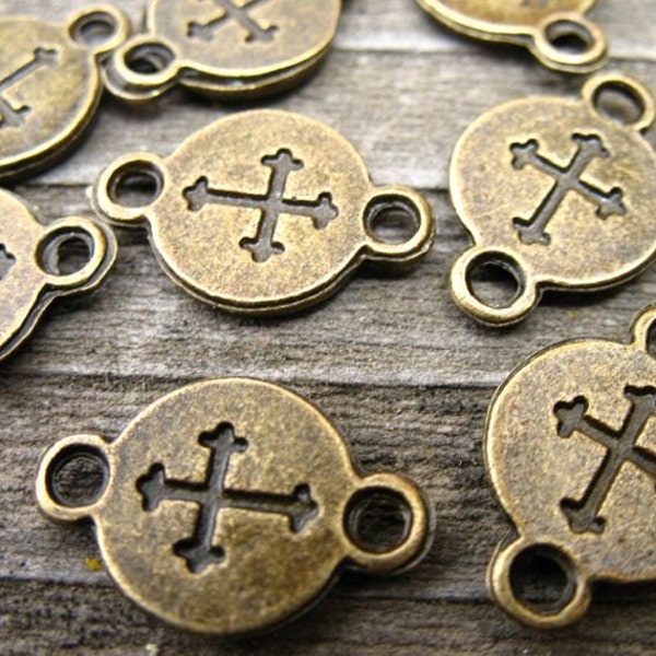 Bronze Cross Connectors, Round with Stamped Cross, 16mm, 8 pcs