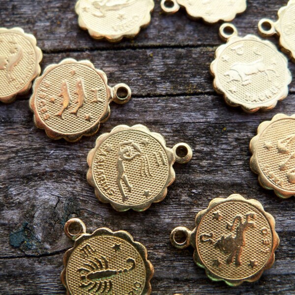 24 Brass Zodiac Charms 10mm Two Full Sets of Astrological Symbols