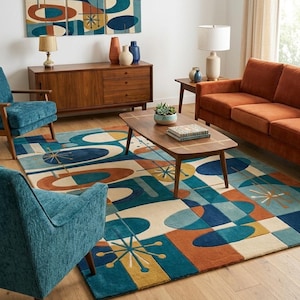 Mid-Century Modern Abstract Area Rug - Atomic Era Geometric Carpet - Retro Teal.