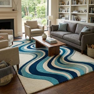 Alfombra Blue Wave Runner, alfombra moderna para pasillo, diseño abstracto ondulado, decoración costera para la entrada.