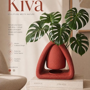 May include: A terracotta-coloured sculptural vase, holding lush green Monstera leaves. The vase has a unique, modern design with a triangular shape. The text "Kiva" and "Sculpture Meets Nature" are visible. The vase sits on a neutral-toned surface.