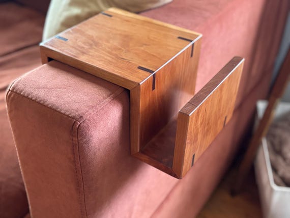 Handcrafted Hardwood Sofa Arm Table – Custom Cherry, Walnut, or Maple | Bespoke Arm Tray | Natural Wood Caddy | Made in USA