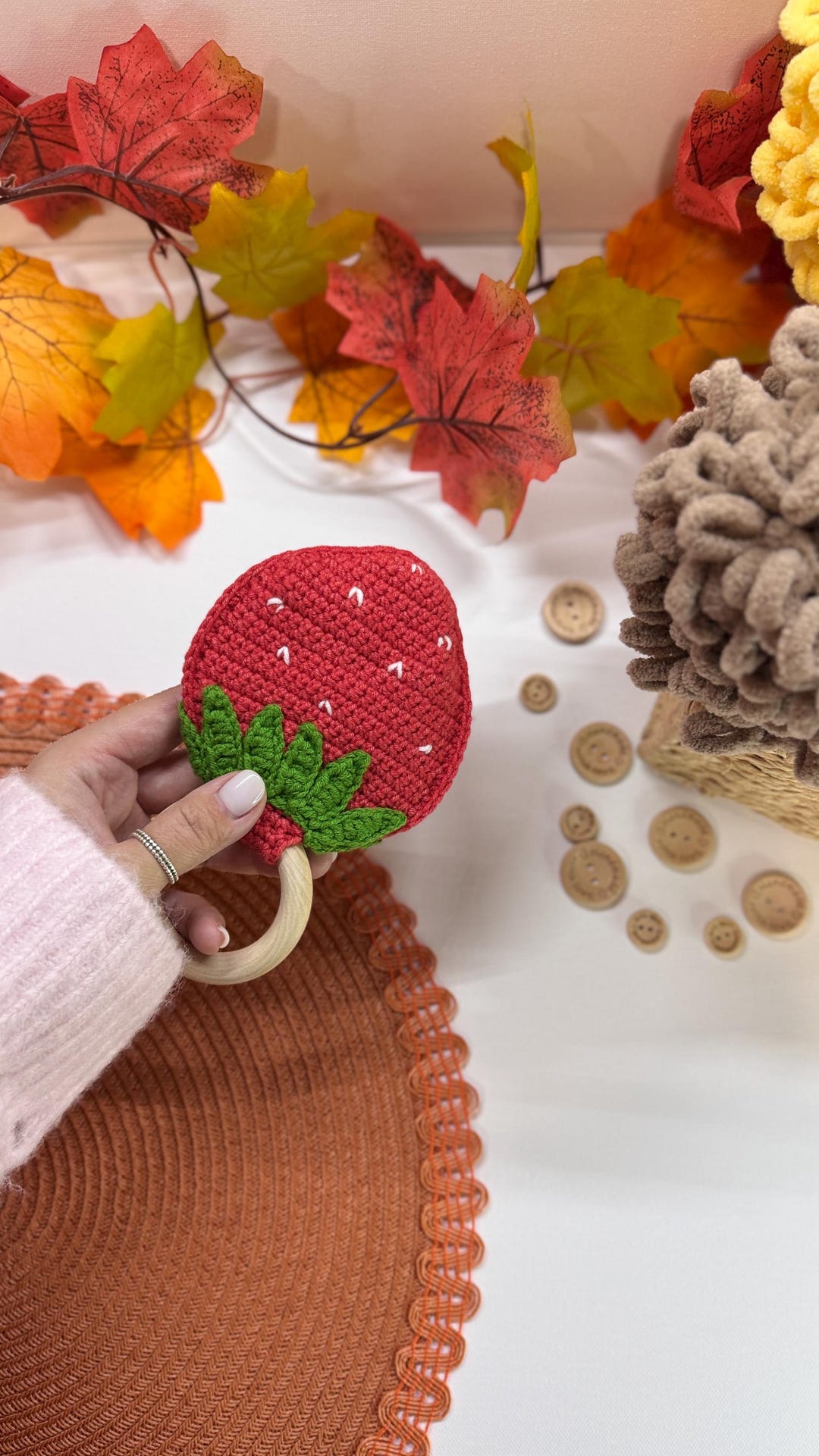 Handmade Strawberry Baby Rattle | Crochet Teether Toy | Crinkle Sound ...