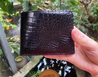 Cartera de piel de avestruz negra y roja para hombre, tarjetero plegable hecho a mano.