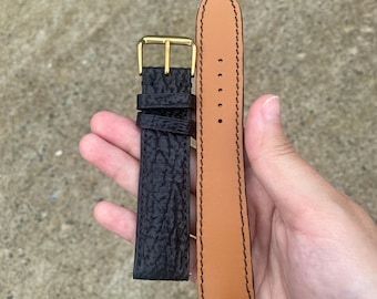 Black Leather Watch Strap Gold Buckle Handmade Wrist Band Customized Size 12mm to 26mm