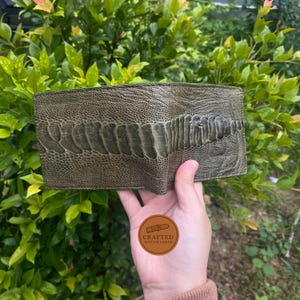 Puede incluir: Cartera de cuero verde oliva con dise&ntilde;o de pata de avestruz texturizada. La cartera se sostiene en una mano, mostrando el patr&oacute;n y color &uacute;nicos. La cartera tiene un dise&ntilde;o de dos pliegues y parece nueva.