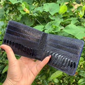 Puede incluir: Una cartera de cuero negro con un patrón texturizado de pata de avestruz. La cartera está abierta, revelando múltiples ranuras para tarjetas y un forro interior azul. La cartera se muestra sobre un fondo de follaje verde.