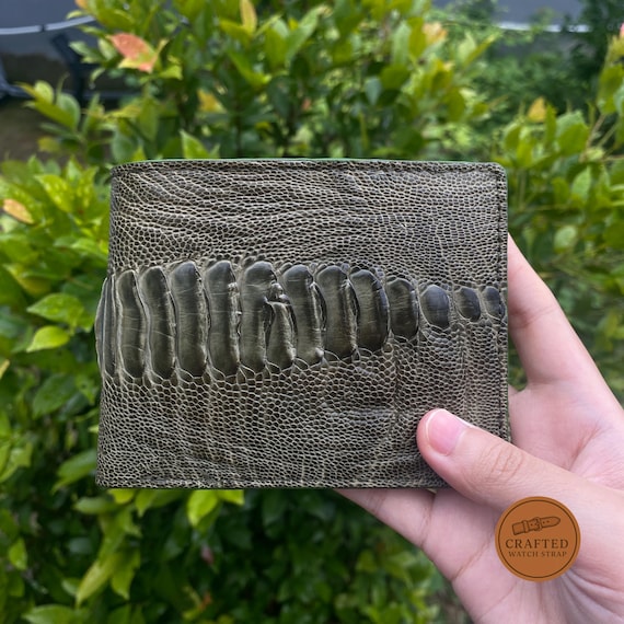Olive Ostrich Leather Wallet for Men Handmade Bifold Card holder