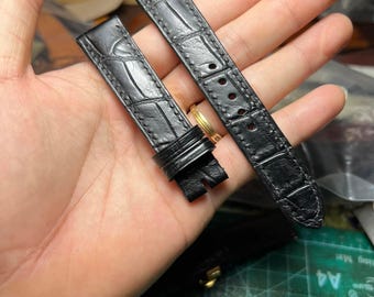 Black Leather Watch Band Handmade Wrist Strap Customized Size 12mm to 26mm