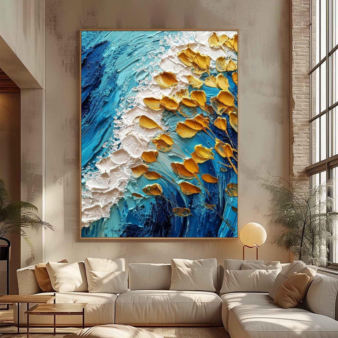 Blue Abstract Ocean Wave Oil Painting, Textured Floral Wall Art, Large ...