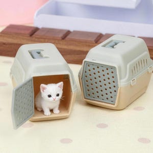 Op de afbeelding: Twee miniatuur dierenkooien in beige en grijs, waarvan één met de deur open, onthullend een kleine witte kitten. De kooien hebben ventilatiegaten en een handvat aan de bovenkant. De kitten heeft een nieuwsgierige uitdrukking.