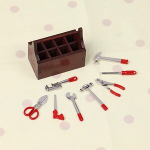 1:12 Scale Miniature Vintage Tool Box Set Wooden Tool Chest with Metal Mini Tools Dollhouse Workshop Diorama Display Decor Mini Garage Props