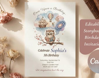 Whimsical Owl Birthday Invitation Template Editable Canva | Printable Fairytale Party Invite for Girls | Storybook Princess Birthday