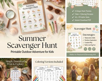 Búsqueda del tesoro veraniega para imprimir, actividad al aire libre en la naturaleza para niños, descarga en PDF