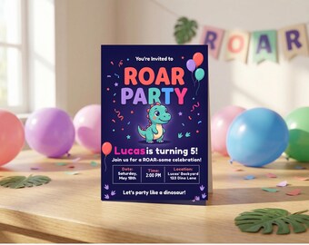 ROAR Party Template, Dinosaur Kids Invitation, Editable Canva Design, Printable Card