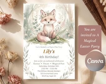 Enchanted Fox Birthday Invitation Editable Canva Template | Woodland Party Invite (instant download)