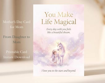 Magical Unicorn Mother's Day Card for Mom – From Daughter, Watercolor Art (Instant Download)
