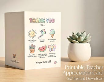 Teacher Thank You Card, Printable  Appreciation Card,  5x7 (Instant Download)