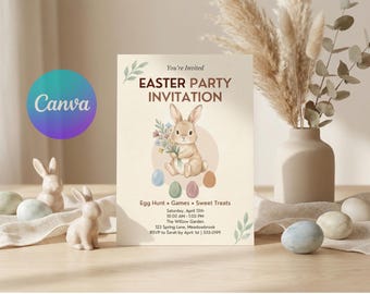 Easter Party Invitation Editable Canva Template, Bunny Birthday, Egg Hunt Party, Colorful Kids Invite