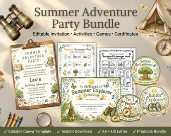 Summer Adventure Party Bundle, Editable Canva Invitation, Scavenger Hunt, Kids Party Games (Digital Download)