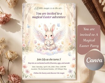 Magical Easter Bunny Invitation Template, Editable Canva Birthday Invite, Watercolor Spring Party Invitation