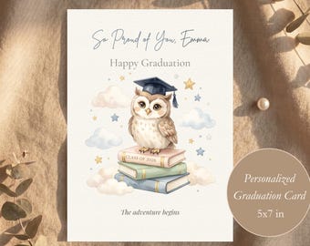 Personalized Graduation Card, Watercolor Owl Design, Folded Greeting Card (Instant Download)