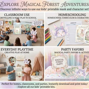 May include: Promotional image for a printable mask and character set. The image features children wearing masks and using the set in various settings, including classrooms and parties. Text includes "Explore Magical Forest Adventures".
