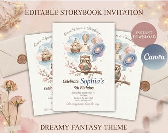 Whimsical Owl Birthday Invitation Template Editable Canva | Printable Fairytale Party Invite for Girls | Storybook Princess Birthday