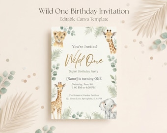 Wild One Watercolor Invitation, Safari Birthday Template, Editable Canva, First Birthday Invite