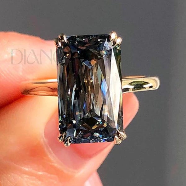4 Carat Elongated Black Radiant Moissanite Engagement Ring in Yellow Gold with Dainty Pave Band Handmade Elegant Ring for Women Promise Ring