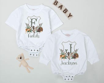 Personalized Hunting Duck Deer Baby Romper, Custom Name Turkey Baby Boy Bodysuit, Outdoor Infant Clothes, Rustic Baby Shower Gift