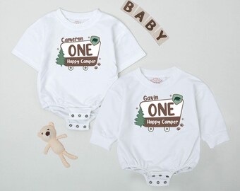 Personalized One Happy Camper Romper, Camping 1st Birthday Bodysuit, Boys First Birthday Outfit, Adventure Birthday, Adventure Baby Clothes