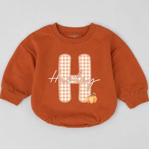 Personalized Pumpkin Baby Bubble Romper, Custom Fall Name Initial Outfit