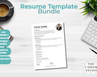 May include: A resume template bundle with the text "Resume Template Bundle" in teal. The resume template is white with black text and includes sections for name, overview, work experience, education, and key skills. The image also shows a cup of coffee, a keyboard, and a plant.