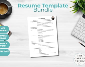 May include: A white resume template bundle with the text "Resume Template Bundle" in teal. The resume includes sections for summary, employment history, education, and key skills. A cup of coffee and a keyboard are visible.
