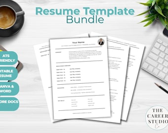 May include: A bundle of resume templates on a white surface, with the text "Resume Template Bundle" in teal. The templates are white with black text, and the image includes a coffee cup, keyboard, and a plant. The text "ATS Friendly", "Editable Resume", "Canva & Word", and "More Docs" are also visible.