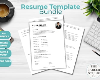 May include: A bundle of resume templates on white paper, with the text "Resume Template Bundle" in teal. The resumes include sections for overview, employment, education, and skills. A cup of coffee, keyboard, and plant are also visible.