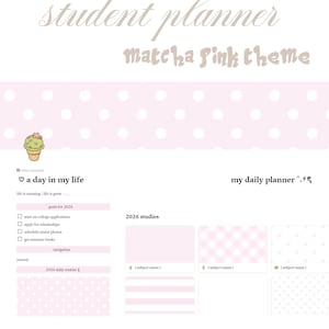 Puede incluir: Un planificador estudiantil con un tema rosa matcha. El diseño incluye una pancarta rosa con lunares, secciones para rutinas diarias, objetivos para 2026 y planificación de estudios. El planificador está organizado para asignaturas, tareas y la vida diaria.