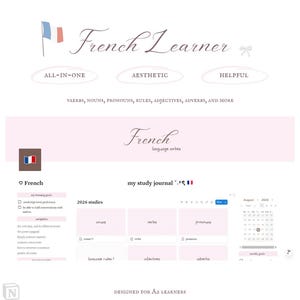 May include: A digital study planner interface titled French Learner with a French flag icon, a bow graphic, and sections labeled all-in-one, aesthetic, and helpful. It includes a 2026 studies dashboard with categories for nouns, verbs, pronouns, language rules, adjectives, and adverbs, plus a calendar for August 2026 and a navigation sidebar.