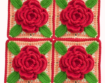 Rose Granny Square Crochet Pattern: 3D Flower Motif (PDF Download)