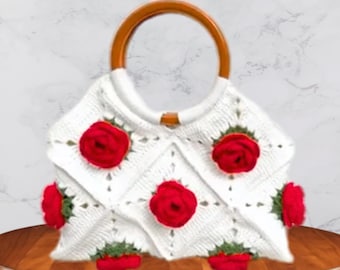 Patrón de bolso de crochet con rosas / Tutorial de crochet para bolso de abuela con flores cuadradas, patrones de crochet para monederos con flores - Descarga instantánea en PDF