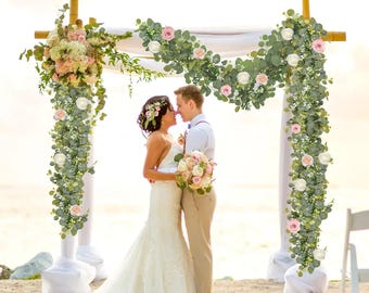 Guirnalda artificial de eucalipto con rosas blancas, decoración para arco de boda (juego de 1 a 4 piezas)