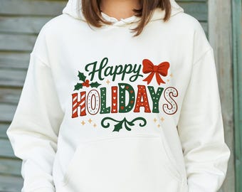 PNG de Felices Fiestas, Diseño de Camiseta Navideña, Lazo Festivo y Acebo, Sublimación Navideña Retro, descarga digital