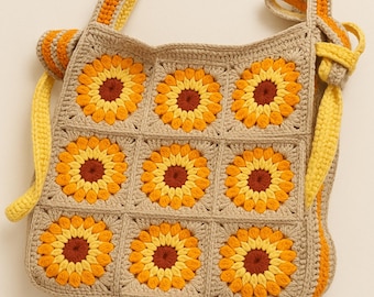 Patrón PDF para bolso cuadrado estilo abuela con diseño de rayos de sol a crochet, bolso bohemio (descarga digital)