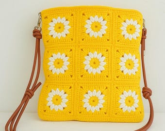 Patrón de bolso cuadrado de abuela con margaritas de ganchillo, patrón de bolso cuadrado de abuela de ganchillo / bolso de mano cuadrado de abuela / patrón de bolso de ganchillo