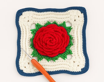 Crochet Rose Granny Square Pattern | 3D Flower Motif (PDF Pattern)