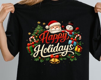 PNG de Felices Fiestas, Diseño de Camiseta Navideña, Lazo Festivo y Acebo, Sublimación Navideña Retro, descarga digital