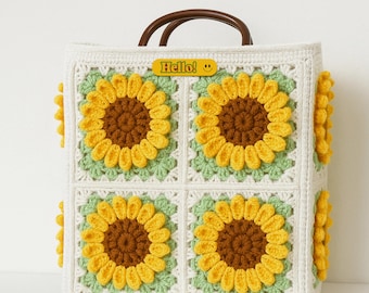 Bolso de mano de girasol a crochet, patrón de bolso de crochet, patrón de bolso de girasol, patrón de crochet cuadrado de la abuela, tutorial de crochet fácil para principiantes