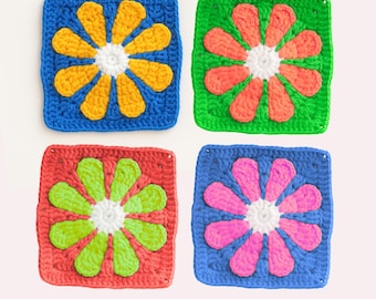 Patrones de crochet de cuadrados de la abuela con margaritas / Cuadrado floral de la abuela / Motivo para bolsa de regalo hecha a mano / Tutorial fácil de seguir / Posavasos de flores