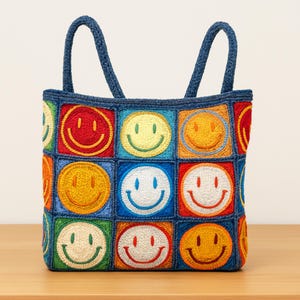 Könnte beinhalten: Eine farbenfrohe Tragetasche mit einem Gittermuster aus gestickten Smiley-Gesichtern in verschiedenen Farben. Die Tasche hat einen blauen Rand und passende blaue Griffe. Die Tasche steht auf einer Holzoberfläche.